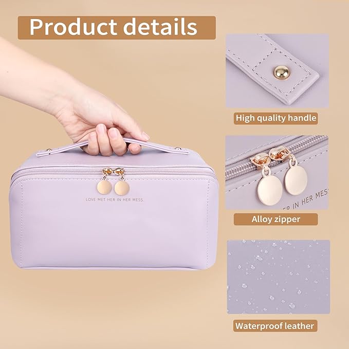 zaleeta Travel Makeup Bag, Large Capacity Cosmetic Organizer Bags for Women, Waterproof PU Leather Toiletry Bags, Wide Open Flat Makeup Case with Divider and Handle