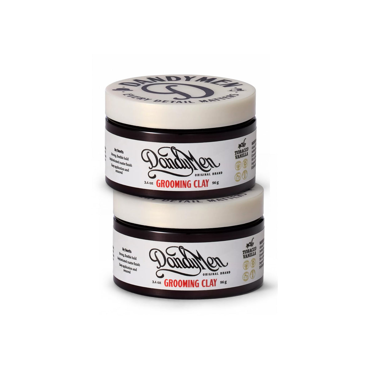 DandyMen Strong Hold Matte Hair Clay for Men – Natural Finish Styling Kaolin Clay – Firm Hold, No Shine – 3.4 oz, 2-Pack