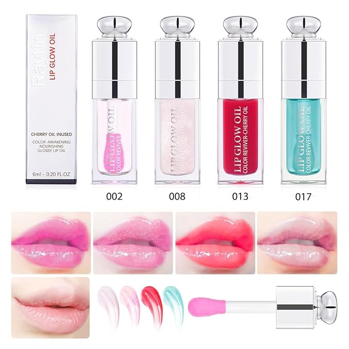 GECOMO Hydrating Lip Glow Oil, Lip Oil Gloss Transparent Toot Tinted Nourishing Long Lasting Repairing Lightening Lip Lines (CLEAR TO PINK) 0.2 OZ