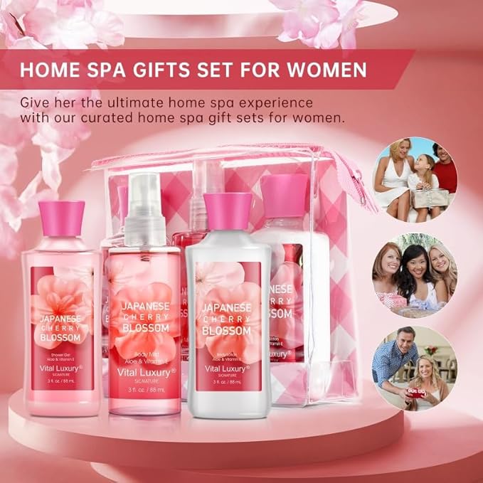 Self Care Gift Set for Women - 3PC Japanese Cherry Blossom Spa Travel Set with Shower Gel, Lotion & Body Mist - Luxury Bath Gift Set for Mother's Day, Birthday, or Anniversary