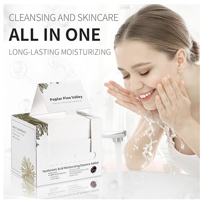 Poplar Pine Valley, Clean Towels XL for Face, Makeup Remover Dry Wipes, Hyaluronic Acid, Cleansing and Moisturizing, Skincare Towels, Cotton, Thick Soft, Travel, 50 Ct, 1 Pack, White