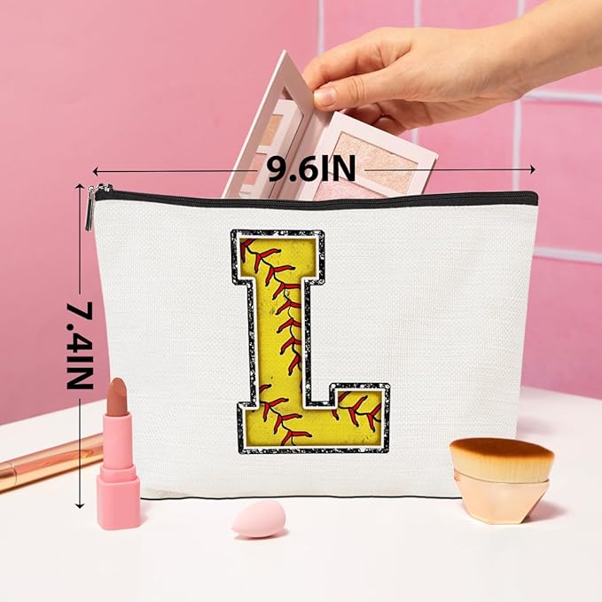 Softball Gifts Initial L Makeup Bag Softball Gifts for Team Cosmetic Bag