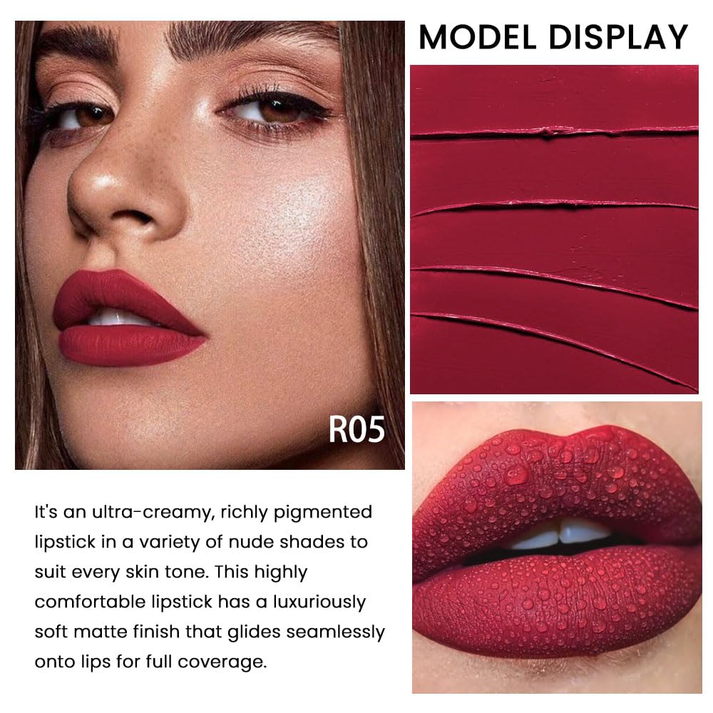 evpct 1Pcs Dark Rose Red Lipstick, Silky Velvet Matte Lipstick Pack Sets for Women