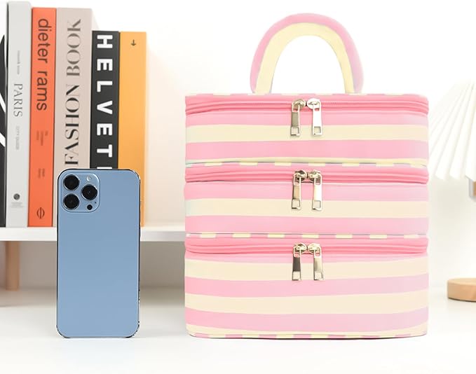 Apxouans Three Layer Makeup Bag for Women Fashion Stripes Cosmetic Bag Preppy Style Travel Water-Resistant Toiletry Bag for Storage Toiletries Cosmetics Sets for Women Teen Girls Pink