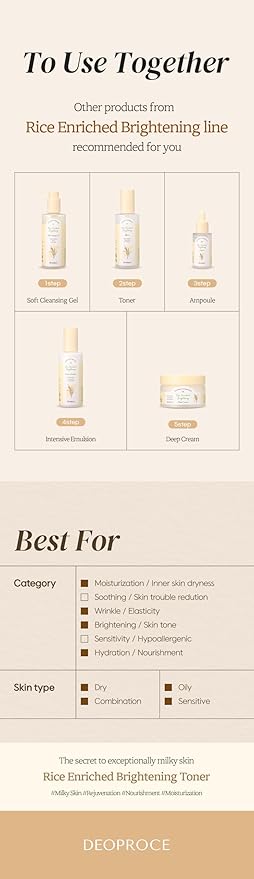 DEOPROCE Rice Enriched Toner – Korean Skin Care with Rice Bran Water and 8-Grain Complex 200ml
