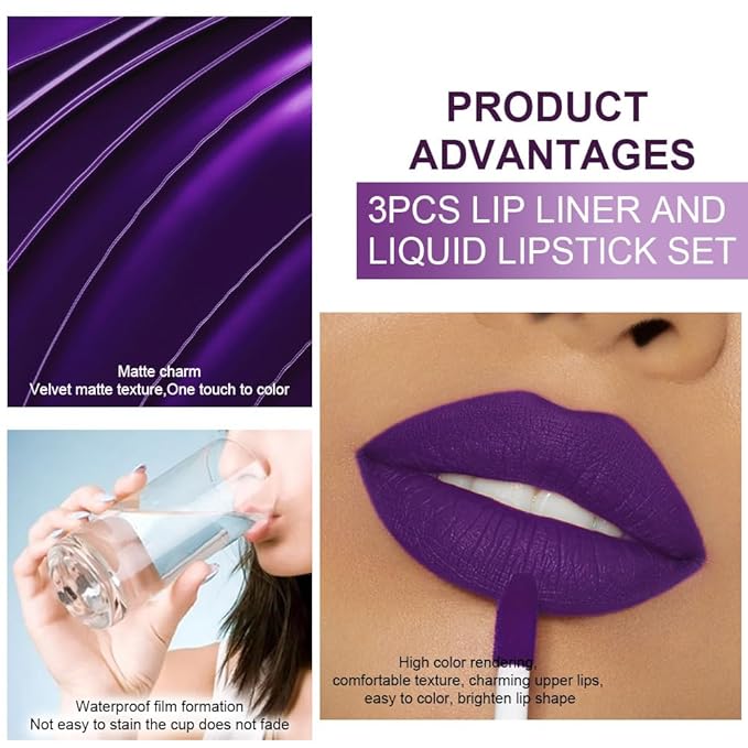 IATMOMOD 3Pcs 2 in 1 Lavender Dark Violet Purple Matte Lip Liner and Liquid Lipstick Stain Makeup Set for women, Long Lasting Smudge Proof Lip Tint Matte Finish Lip Gloss for All-Day Color Hold, Set24