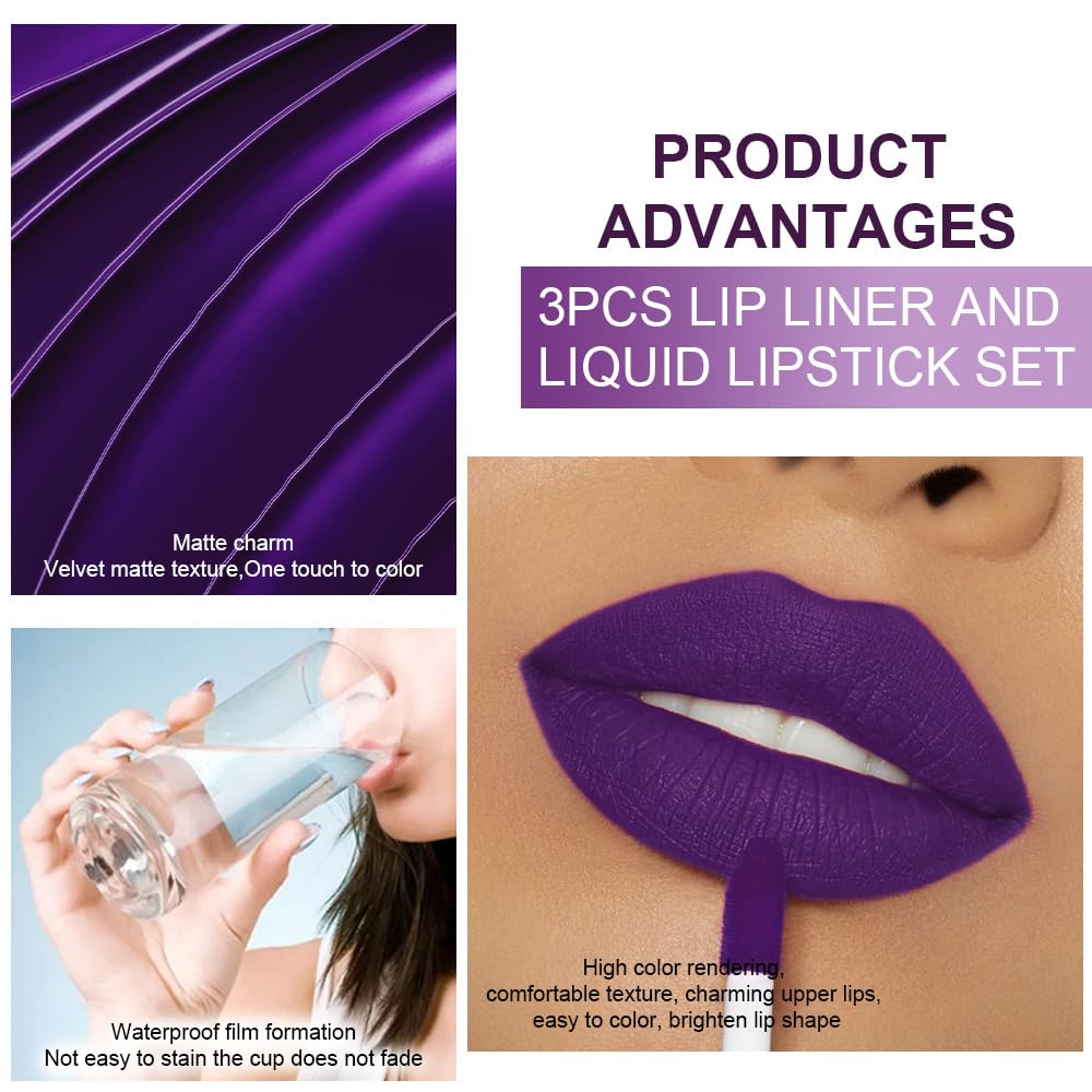 IATMOMOD 3Pcs 2 in 1 Lavender Dark Violet Purple Matte Lip Liner and Liquid Lipstick Stain Makeup Set for women, Long Lasting Smudge Proof Lip Tint Matte Finish Lip Gloss for All-Day Color Hold, Set24