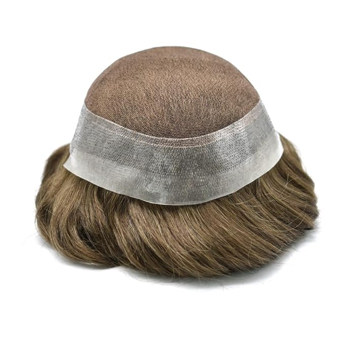 F M FACE MIRACLE NEW YORK Mens Toupee Human Hair Piece French Lace Toupee for Man Hair System Indian Human Hair Replacement Systems V-Looped PU Front Hairpieces 7"X9" 6# LIGHT BROWN