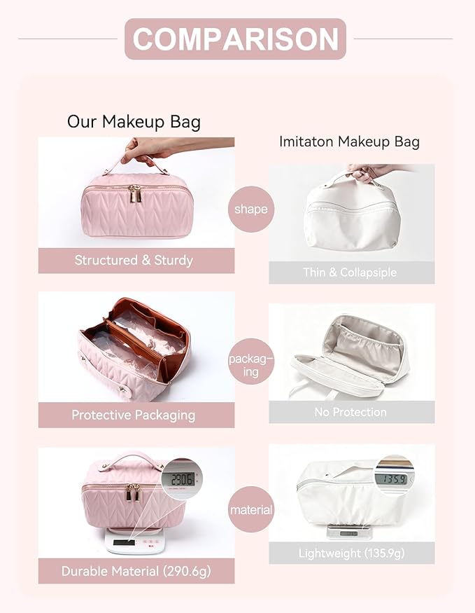 VIDIBESTY Travel Makeup Bag for Women, Large Capacity Cosmetic Bags for Girls, Compact Pouch Make up Organizer, Waterproof Toiletry Bag with Divider and Handle (Pink)
