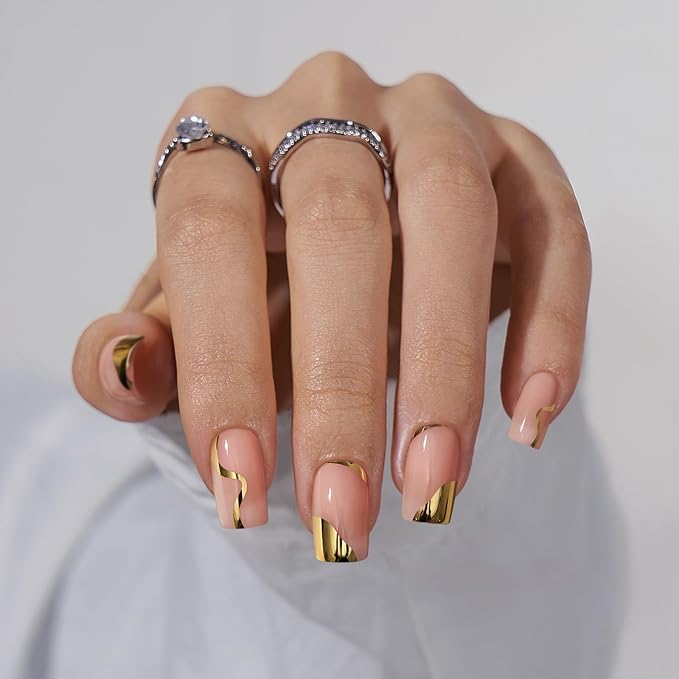 BTArtbox Press On Nails, Gold Leaf, Short Square, Gold Designed, 32Ct