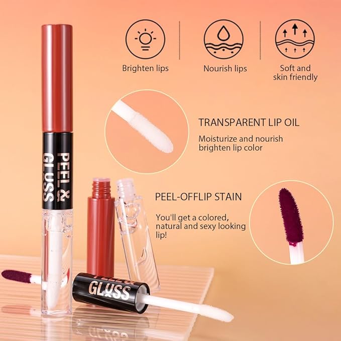 Brown Peel off Lip Stain Lip Oil Dual Ended Combo Set with Tweezer, 2 in 1 Lips Liner Stain Oil Long Lasting Waterproof, High Pigmented Flawless Lips Tint Stick Not Faded Vegan & Cruelty-free