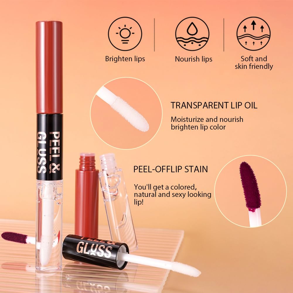 JUAAZIN Lip Stain Peel Off Lip Gloss oil Dual-Ended Combo, Vivid Burgundy Lips Liner Stain Peel Off Tattoo, Long Lasting & Waterproof, Transfer-Proof Lip Tint Stain with Lip oil for All Skin Type 04#