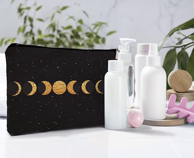 Dwept Abstract Boho Minimalist Moon Phases Cosmetic Bag, Mid Century Bohemian Modern Art Makeup Bag Zipper Cosmetic Pouch Bag Travel Linen Makeup Organizer, Boho Gifts for Women Teen Girls Her Teens