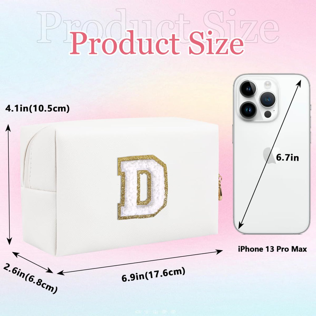 Small Personalized Letter Makeup Bag, Cute PU Leather Chenille Letters Cosmetic Bag Travel Makeup Pouch, Preppy Travel Organizer Zipper Pouch for Women&Girls（White-D）