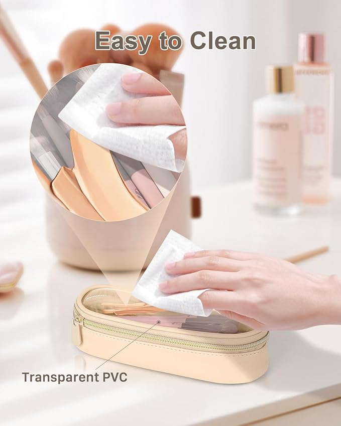 Soimeat Clear Travel Makeup Brush Holder, Leather Makeup Brush Toiletry Bag, Portable Cosmetic Brush Case, Transparent Waterproof Makeup Brush Storage Bag, Khaki