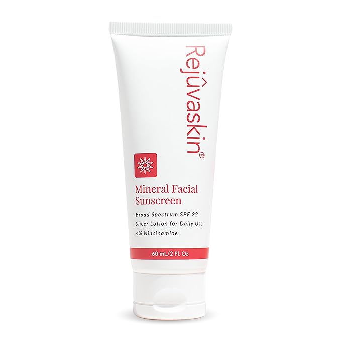 Rejuvaskin Mineral Facial Sunscreen, Broad Spectrum SPF 32 for Sensitive and Acne-Prone Skin, Oil-Free, 3.38 fl oz / 100ml