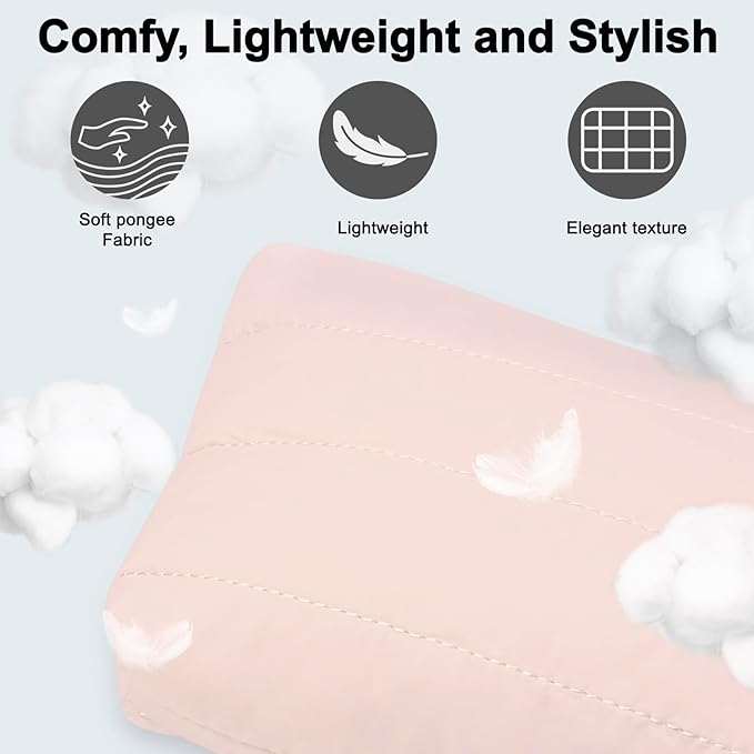 DOB SECHS Quilted Makeup Bag with Handle Detachable Cute Striped Puffy Cotton Cosmetic Bag for Women, Small Puffer Toiletry Zipper Make Up Pouch Clutch Bag Travel Organizer Storage Pouches Case, Pink