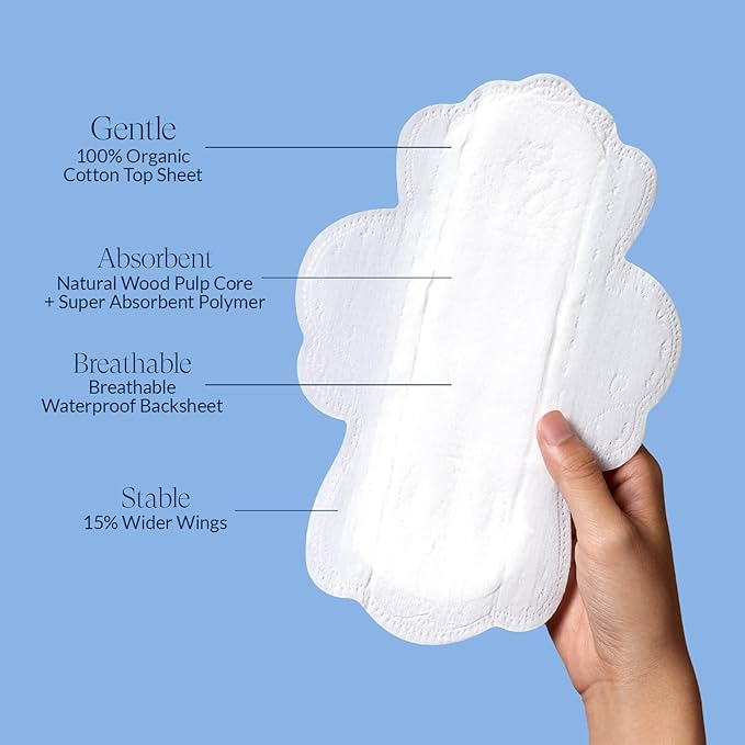 RPE Life 100% GOTS Organic Cotton Period Pads with Wings, Size 3, 18 Count