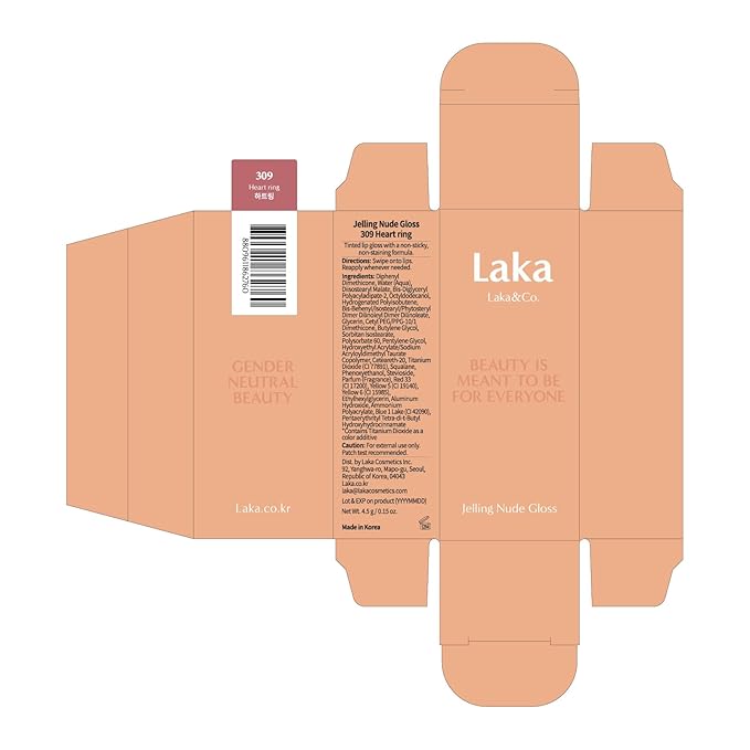 Laka Jelling Nude Gloss, 4.5g/0.15oz, Sheer Hydrating Lip Oil with No Stain, Non-Sticky, Nourishing Gloss for a Glowy Look, K-Beauty (#309 Heartring)