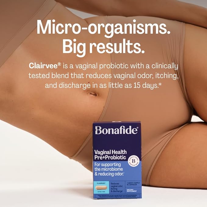 Clairvee by Bonafide. Vaginal Probiotic for Relief from Odor, Itching, & Discharge. — 2-Month Supply (30 Capsules)
