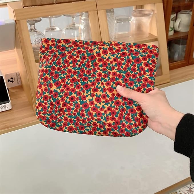 Flat Makeup Bag for Women,Zipper Cosmetic Pouch for Purse,Floral Red