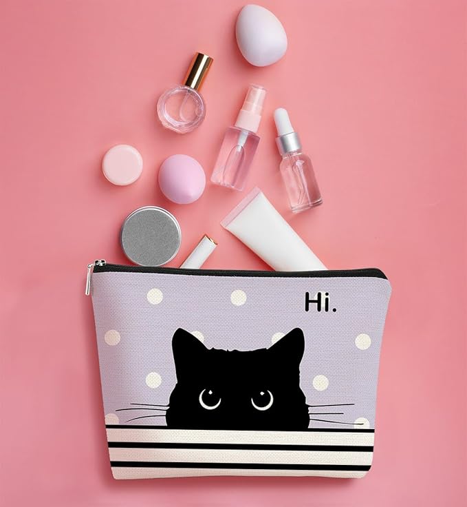 BARPERY Cat Makeup Bag - Small Cute Cosmetic Bag for Women & Girls, Black & Purple Polka Dot Cat Lady Gifts