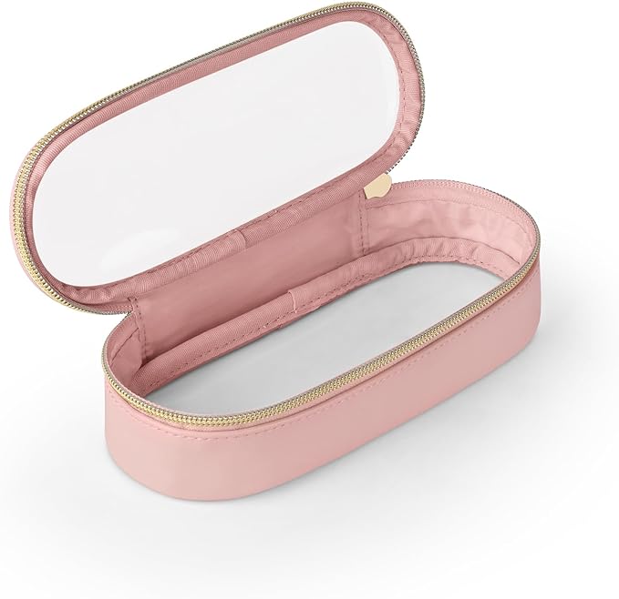Soimeat Clear Travel Makeup Brush Holder, Leather Makeup Brush Toiletry Bag, Portable Cosmetic Brush Case, Transparent Waterproof Makeup Brush Storage Bag, Pink