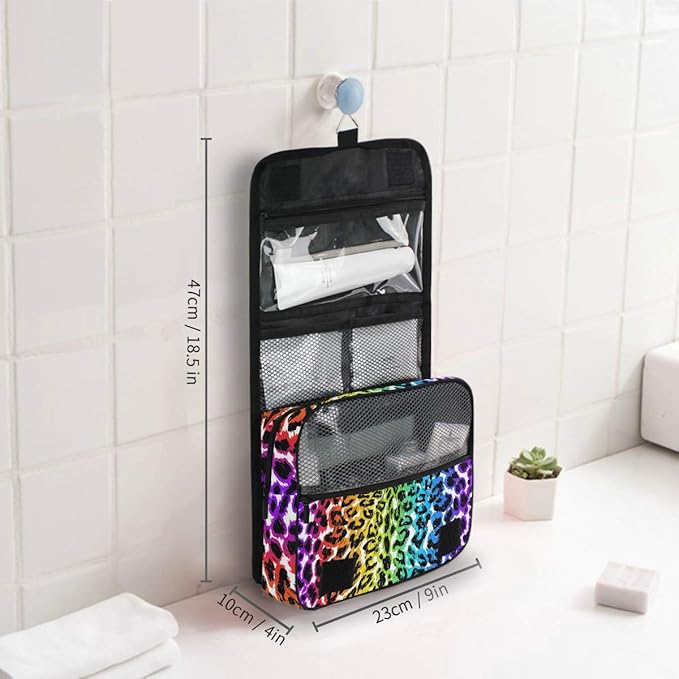 senya Hanging Travel Toiletry Bag Kit Makeup Case Cosmetics Organizer for Men Women (Rainbow Leopard Animal Print)