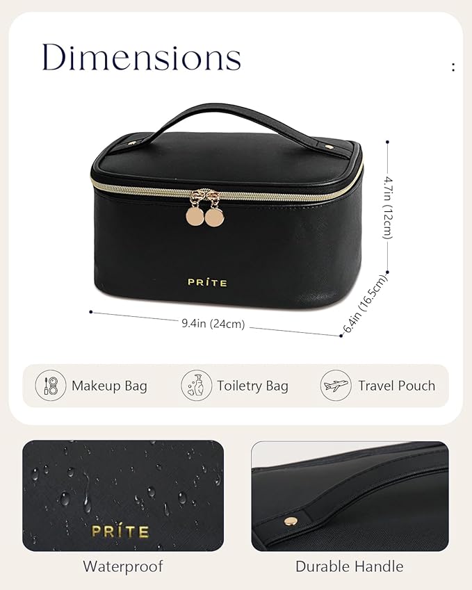 Prite Makeup Bag Travel Cosmetic Case, Women Toiletry bag Organizer, Black