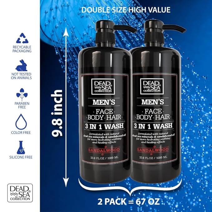 Dead Sea Collection Sandalwood Men’s Body Wash – 3 in 1 Body Wash for Men for Hair, Face & Body – Moisturizing Shower Gel with Dead Sea Minerals – Pack of 2 (33.8 fl oz each)