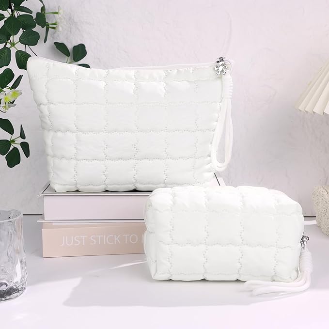 Richeart Makeup Bag Travel Toiletry Bag - Checkered Down Cotton Makeup Pouch for Women with Cosmetic and Pencil, Aesthetic White Design, Small