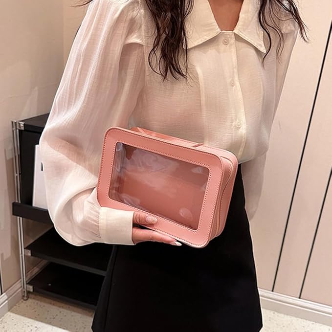 FFpaw Clear Makeup Bag, Pink Travel Makeup Pouch Toiletry Bag for Women Waterproof Small Cosmetic Bag Case Small Make Up Bag with Zipper Car Organizer Car Essentials for Women Men