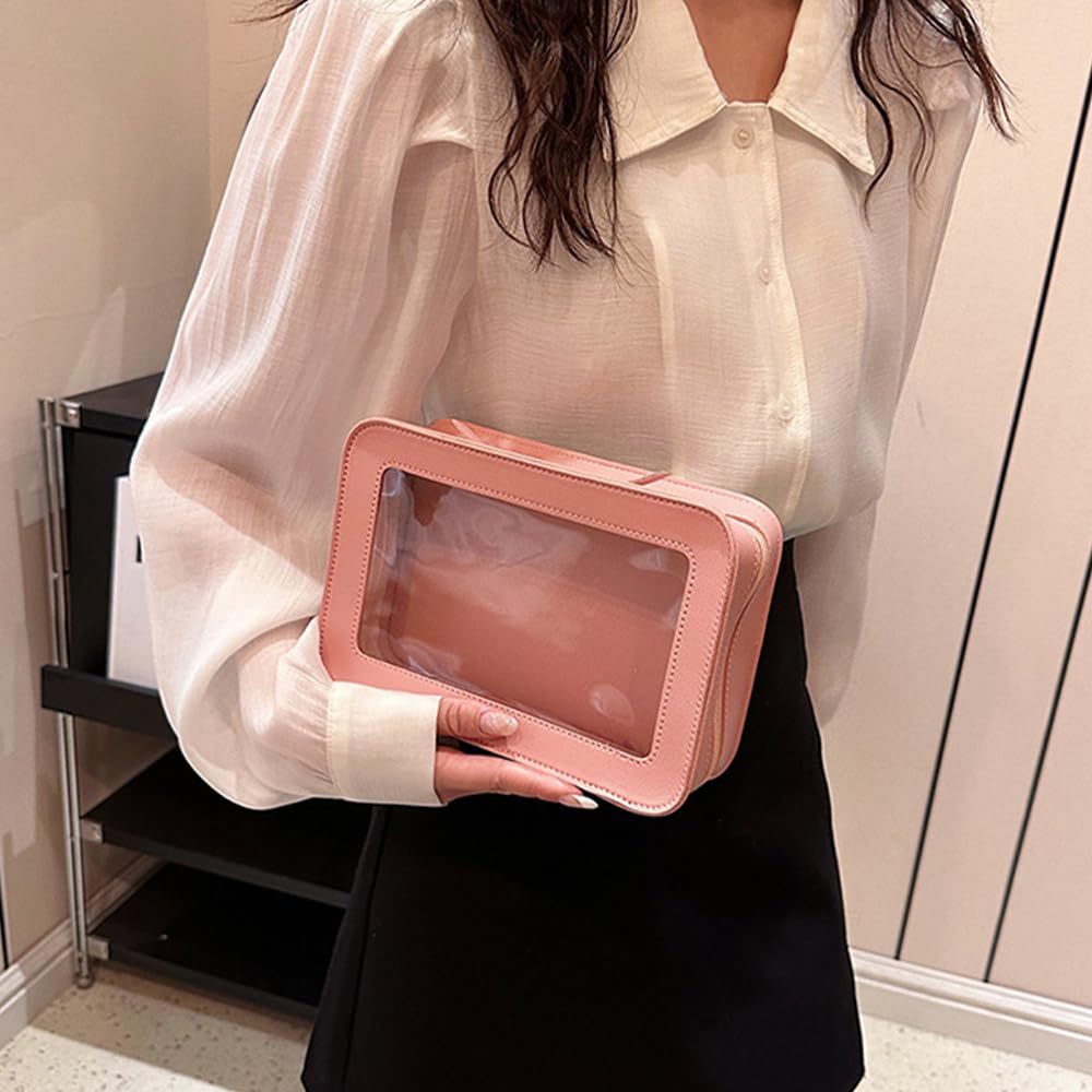 FFpaw Clear Makeup Bag, Pink Travel Makeup Pouch Toiletry Bag for Women Waterproof Small Cosmetic Bag Case Small Make Up Bag with Zipper Car Organizer Car Essentials for Women Men