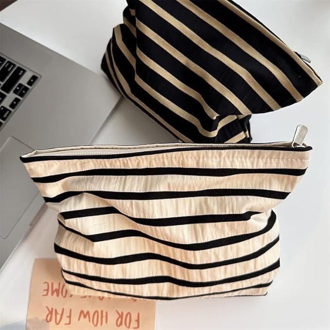 Flat Makeup Bag for Women,Zipper Cosmetic Pouch for Purse,Stripe Black