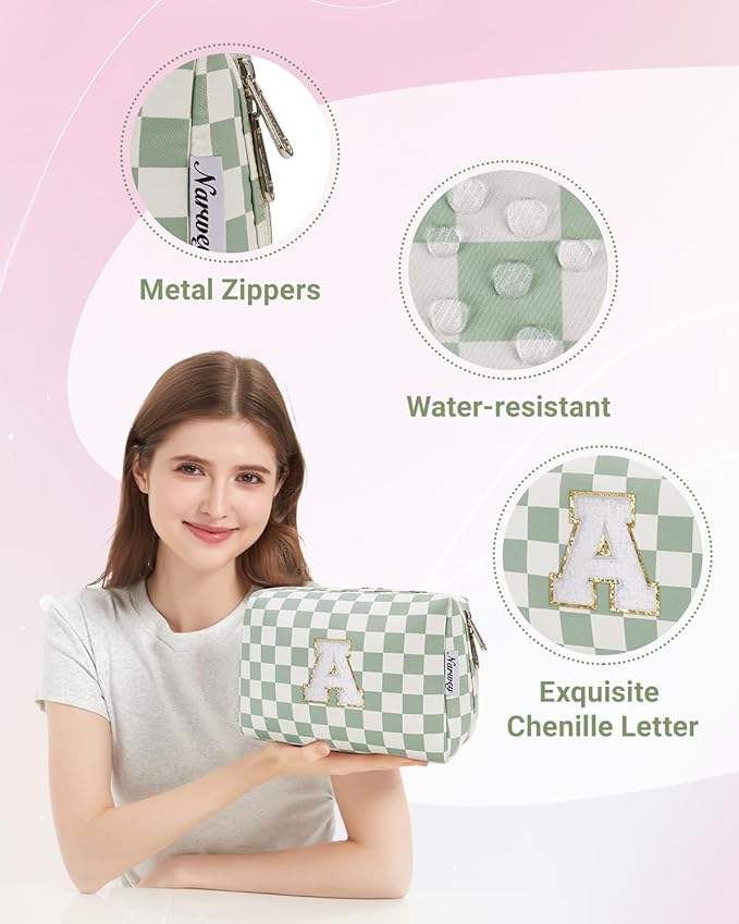 Narwey Initial Makeup Bag, Graduation Gifts for Teen Girls kids Tween, Trendy Stuff 6-18 Years Old, Personalized Monogram Travel Cosmetic Bag, Birthday Teacher Bridesmaid Mom Gifts for Women (Green A)