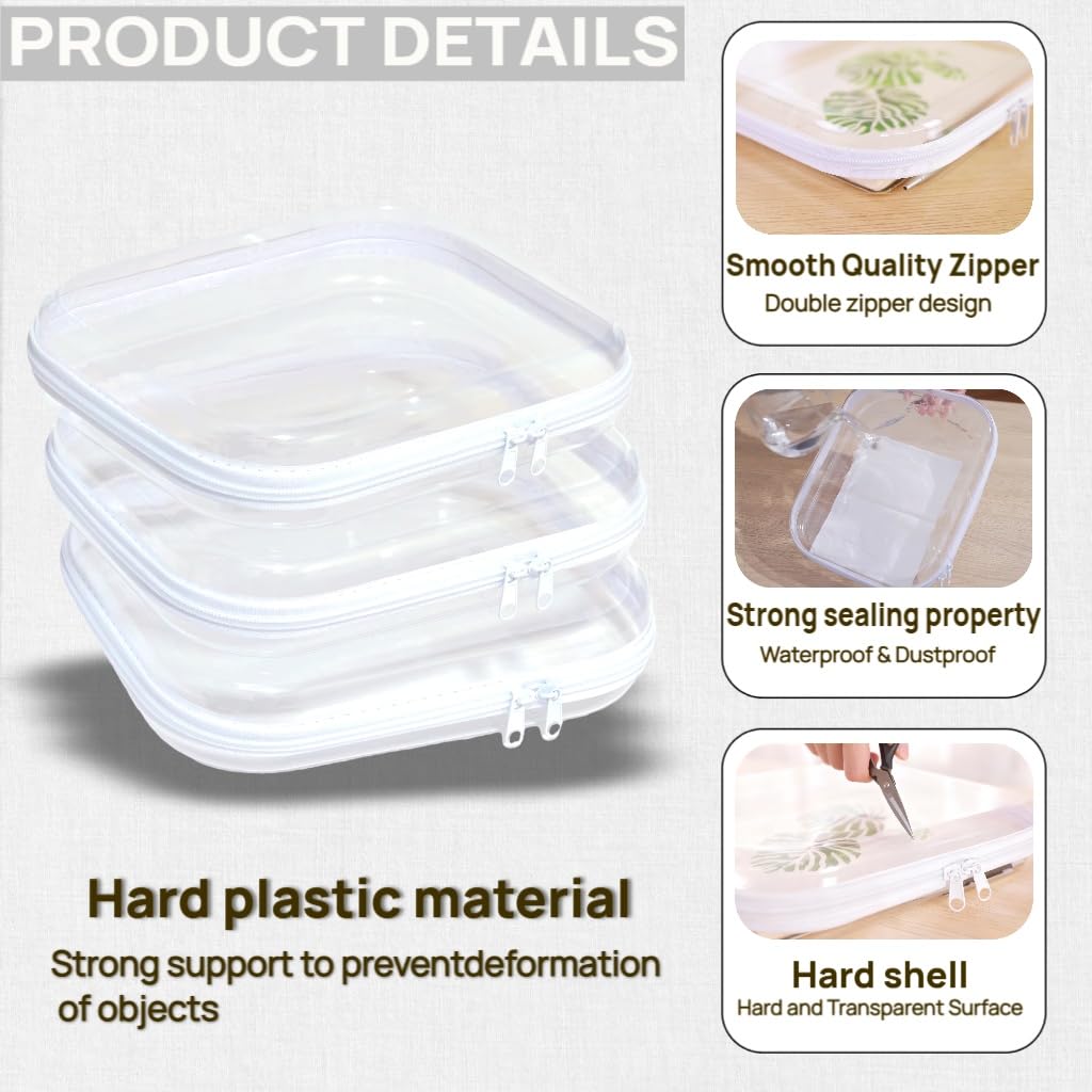 PGAXM 3PCS Clear Hard Plastic Zipper Case, Double Zippers Hard Pouch, Portable Travel Organizer Bin Clear Makeup Bag for Toy Storage, Snack Bag, Cosmetics, Diaper Bag, Toiletry Bag (3PCS-M)