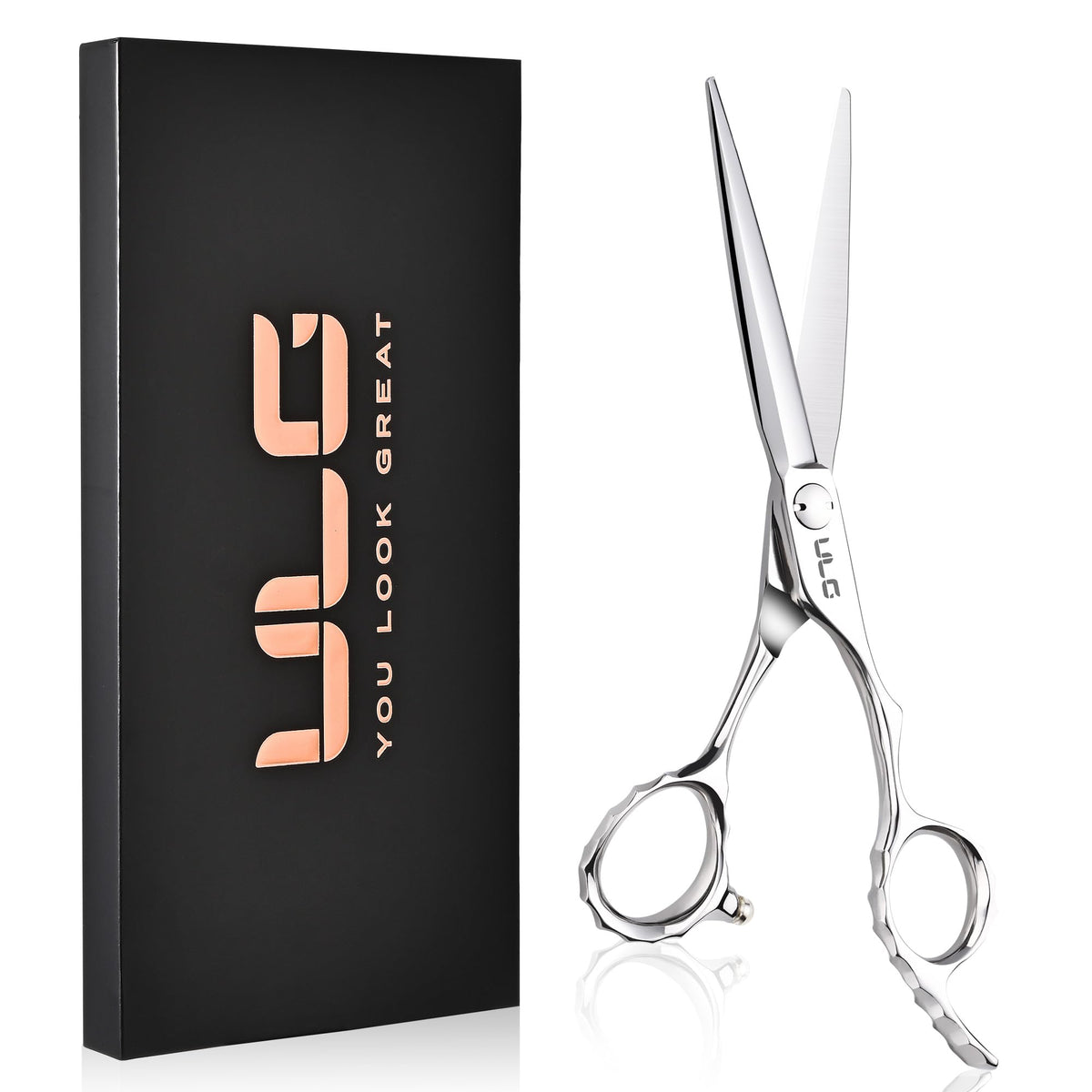 ULG Professional Hair Cutting Scissors with Luxury 18K Rose Gold Finish 6.5" Barber Scissors 440C Japanese Stainless Steel Hand-Honed Razor Sharp Blades Offset Handles Tension Adjustable, Right-Handed