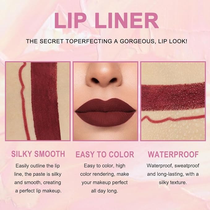 HHLTOH 2-in-1 Deep Red Lip Liner & Lipstick Set Kit for Women, Matte Lips Kit with Lip Liner Lip Stains Long Lasting Waterproof 24 Hour Lipstick and Lip Liners Combo Lipliners Pencil Set 15