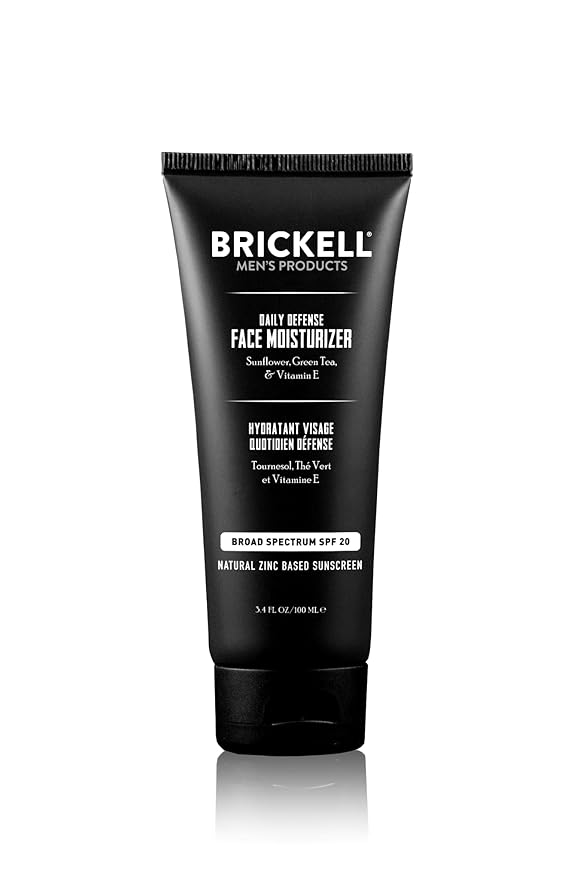 Brickell Men's Daily Defense SPF20 Face Moisturizer for Men, Moisturizing Mineral Sunscreen, Hydrates & Protects Skin Against Harmful UVA/B Rays, With Zinc, Green Tea, & Vitamin E, 3.4oz, Unscented