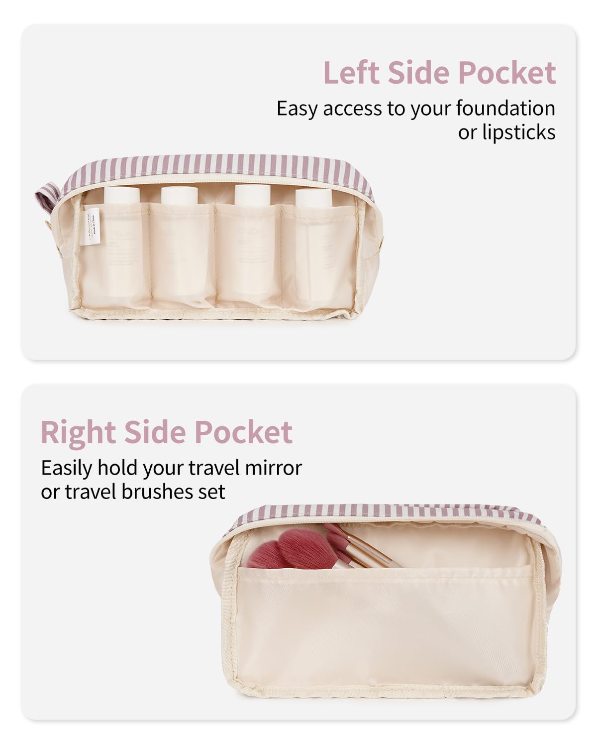 Narwey Cute Makeup Bag Small Toiletry Bag Travel Cosmetic Bag Organizer Make Up Bags with Organized Pockets for Women (Dusty Rose Stripe, Large)