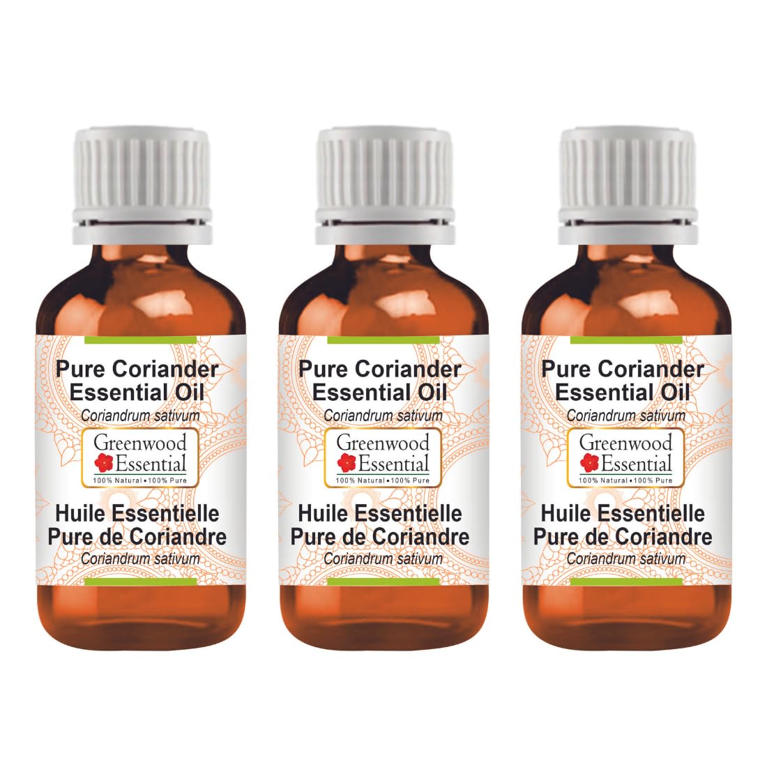 Greenwood Essential Pure Coriander Essential Oil (Coriandrum sativum) (Pack of Three) 100ml X 3 (10.1oz)