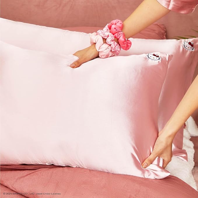 Kitsch x Hello Kitty Satin Pillowcase - Size 19x36, Solid Pink Kitty Face