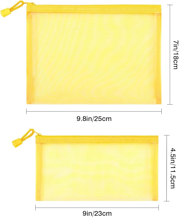 Sinzip 12 Pieces Zipper Nylon Mesh Pouch, Mesh Cosmetic Bags Makeup Bags Pencil Case, Multipurpose Travel Bags for Cosmetic School Office Supplies and Travel Accessories (Yellow, A5)