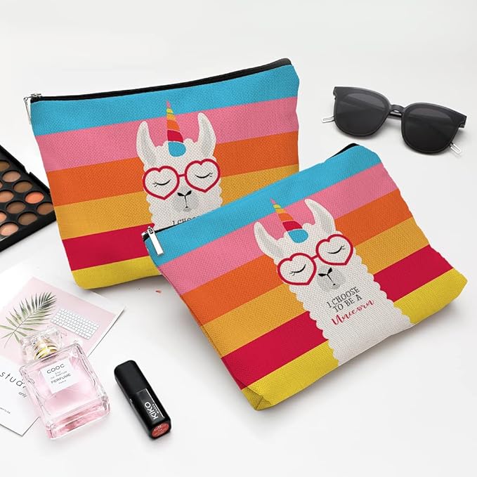 Givotin Cute Makeup Bag for Purse Canvas Waterproof Funny Cosmetic Bags for Women Zipper Travel Toiletry Pouch-Alpaca Makeup Bags-Rainbow