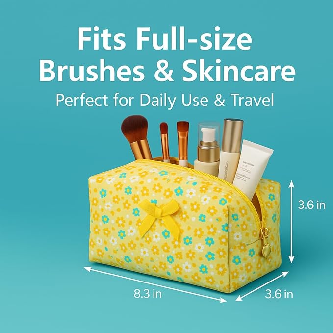 OIMEI Floral Quilted Cotton Makeup Bag for Women, Large Capacity Travel Cosmetic Pouch with Zipper, Cute Toiletry & Brush Organizer, Kawaii Makeup Storage Case – Yellow Sun Flower