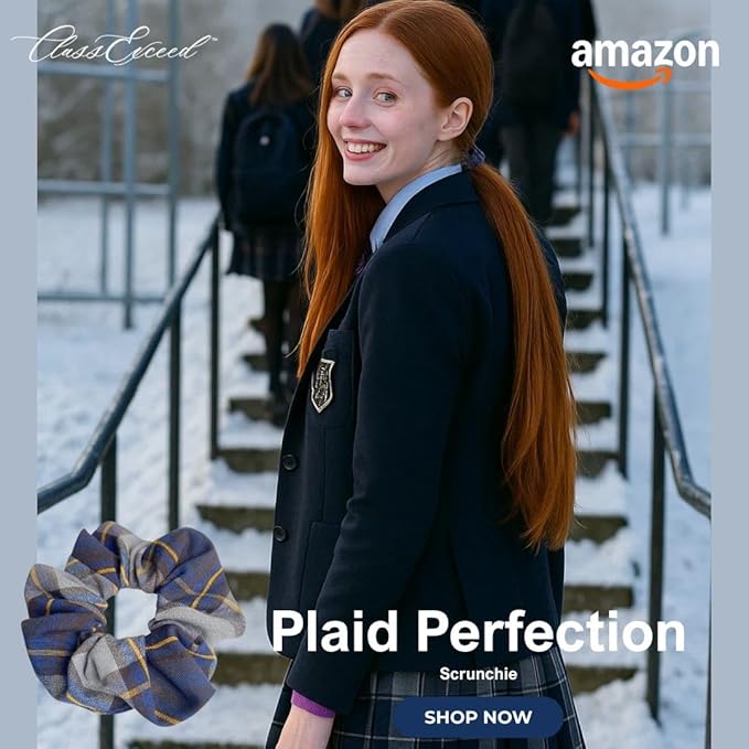 ClassExceed School Uniform Plaid, Plaid Scrunchie, Back to school, handmade school uniform hair accessories (Navy Gold gray Plaid57)