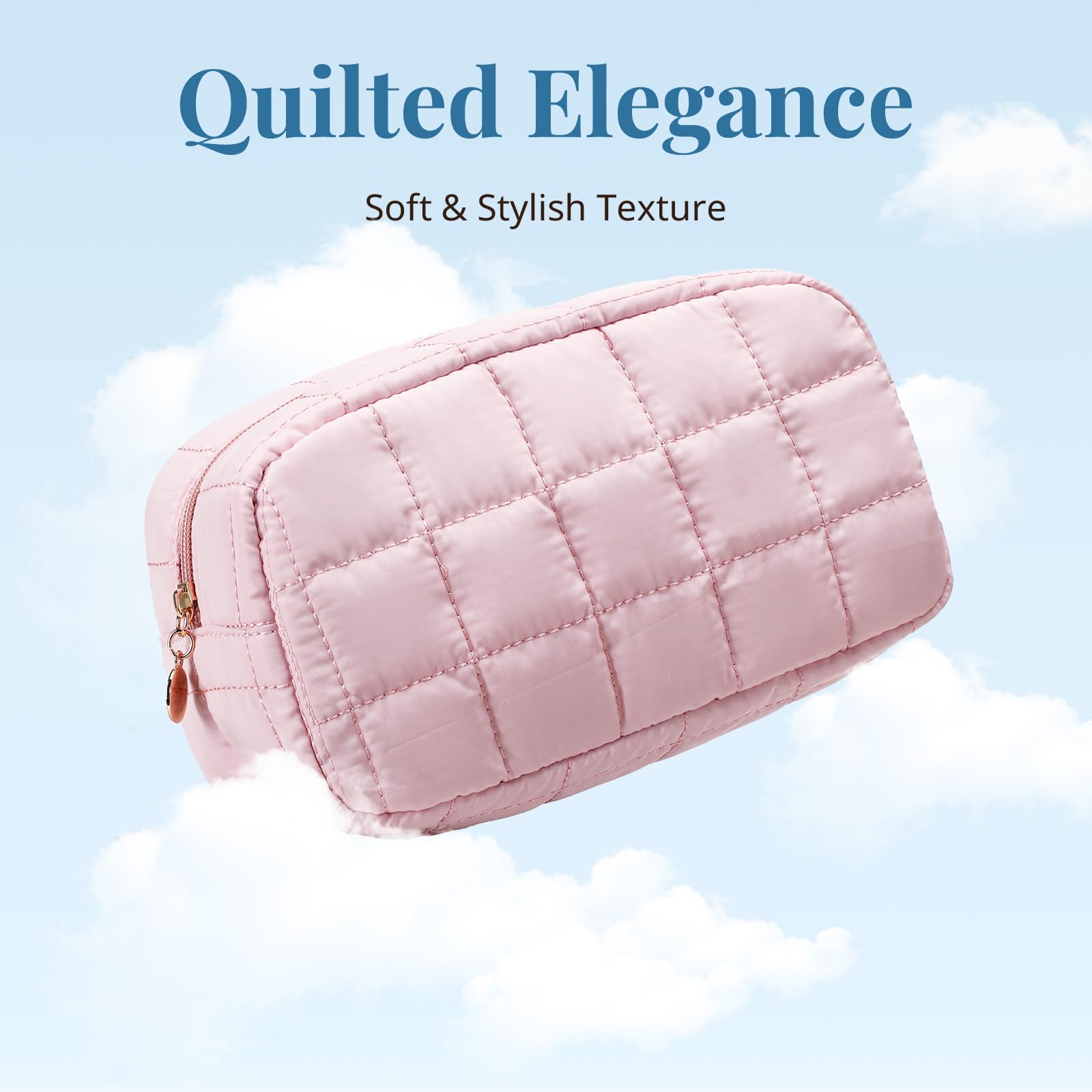 LOVELYWIND Makeup Bag, Quilted Puffy Travel Toiletry Bag with Compartments, Wide-Open Cosmetic Bag for Women, Pouch Purse Organizer, Pink
