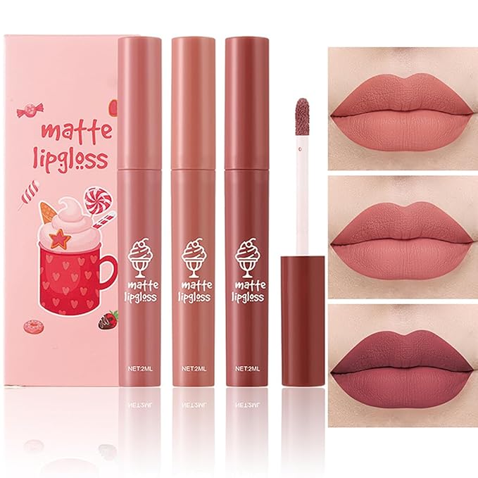 Tiejdhr 3Pcs Nude Matte Lipstick Set, Ice Cream Velvet Smooth Matte Lip Gloss, 24 Hour Natural Long Lasting & Nourishing Lip Glaze Non-stick Cup for Women Makeup (Set C)