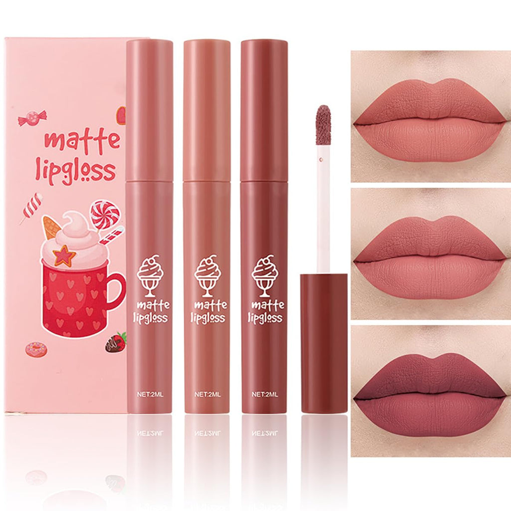 Tiejdhr 3Pcs Nude Matte Lipstick Set, Ice Cream Velvet Smooth Matte Lip Gloss, 24 Hour Natural Long Lasting & Nourishing Lip Glaze Non-stick Cup for Women Makeup (Set C)