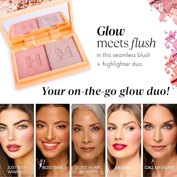 Haute Minute Makeup Blush + Brighten Highlighter Duo, Mini Lightweight Blendable Shimmer Blush, High Pigmented Makeup Powder Palettes, Cruelty Free - Call My Agent!